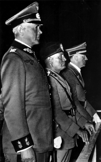 Adolf Hitler, Benito Mussolini and Werner von Blomberg in Berlin's Maifeld